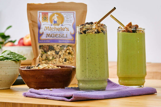 Michele's Toasted Muesli serving suggestion with a green smoothie - vegan, gluten-free