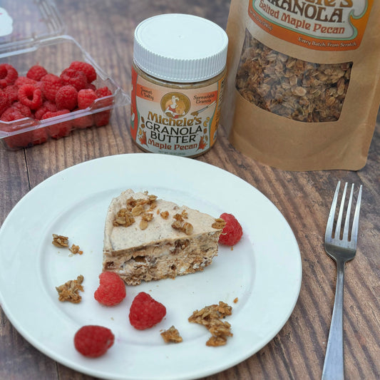 Serving of Maple and Spice Icebox Cake, vegan and gluten-free, with Michele's Salted Maple Pecan Granola