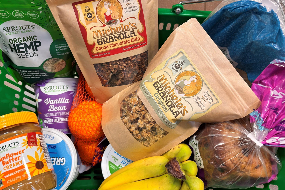 Shopping basket at Sprouts featuring Michele's Granola and ingredients for a high protein breakfast