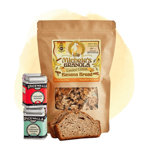 Limited Edition Banana Bread Granola, with chewy bananas, almonds and Spicewalla cardamom and cinnamon. Vegan, gluten-free