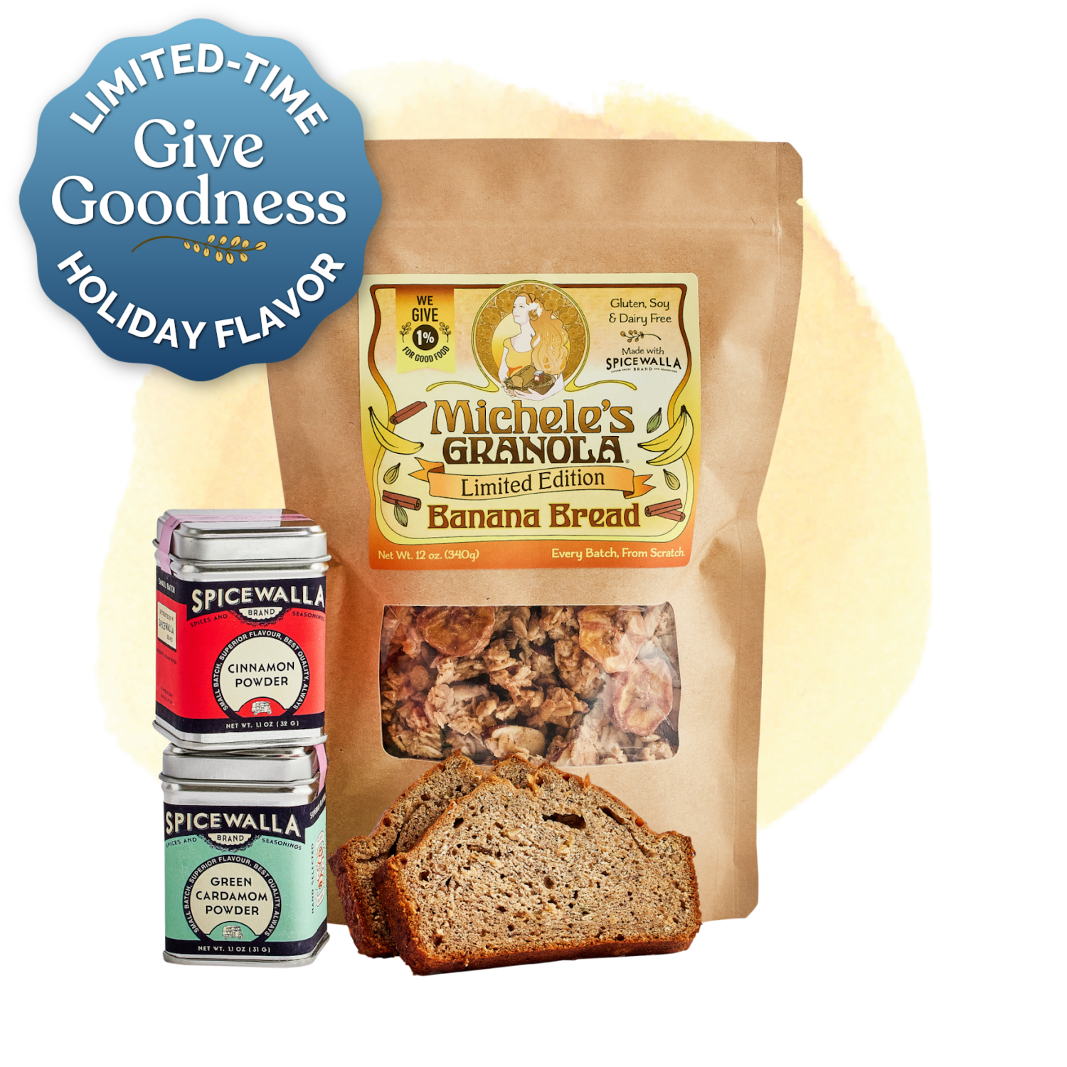 Limited Edition Banana Bread Granola, with chewy bananas, almonds and Spicewalla cardamom and cinnamon. Vegan, gluten-free