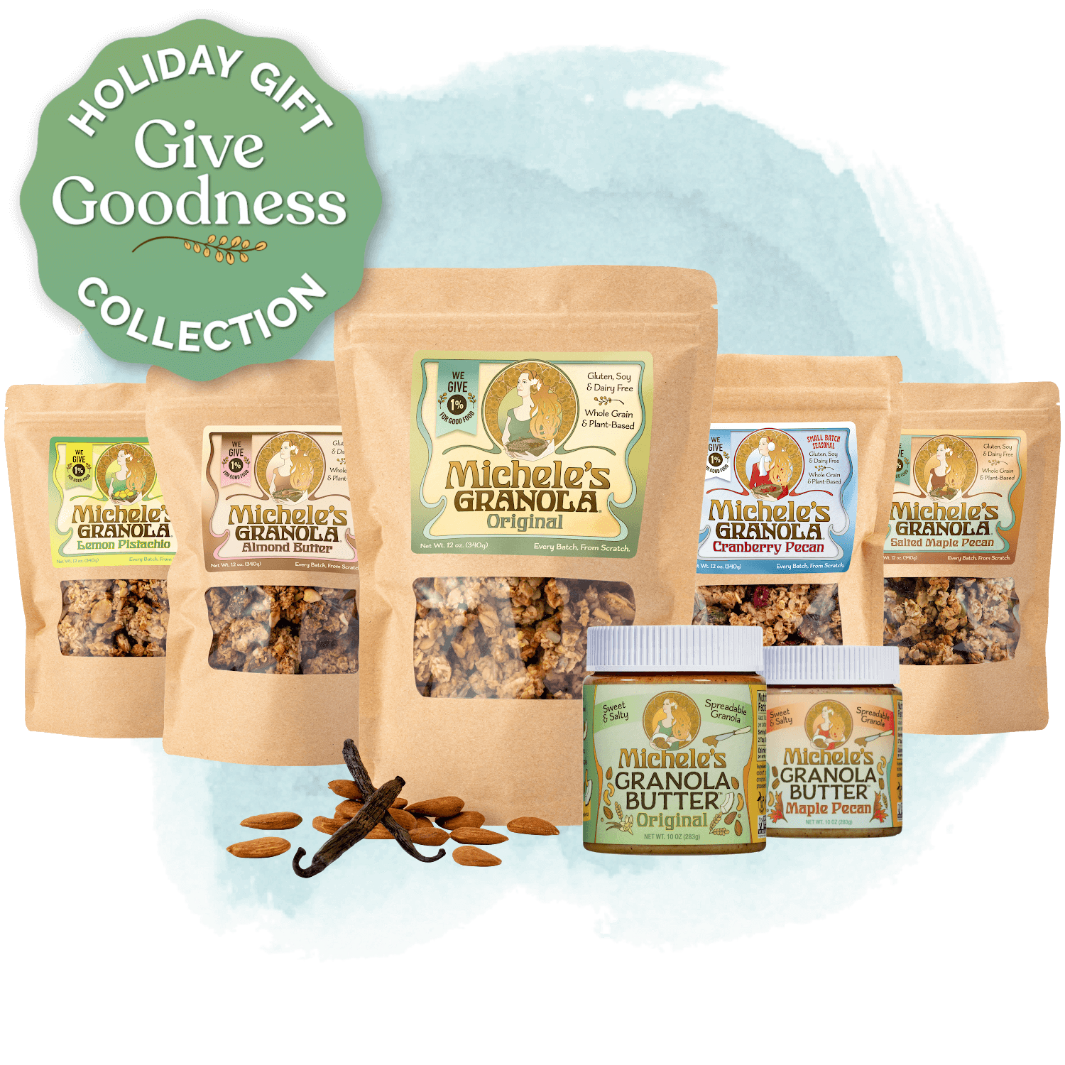 Michele's Granola Aficionado Collection - Original, Almond Butter, Cranberry Pecan, Salted Maple Pecan and Lemon Pistachio Granola, plus Original and Maple Pecan Granola Butter spread - plant-based, gluten-free