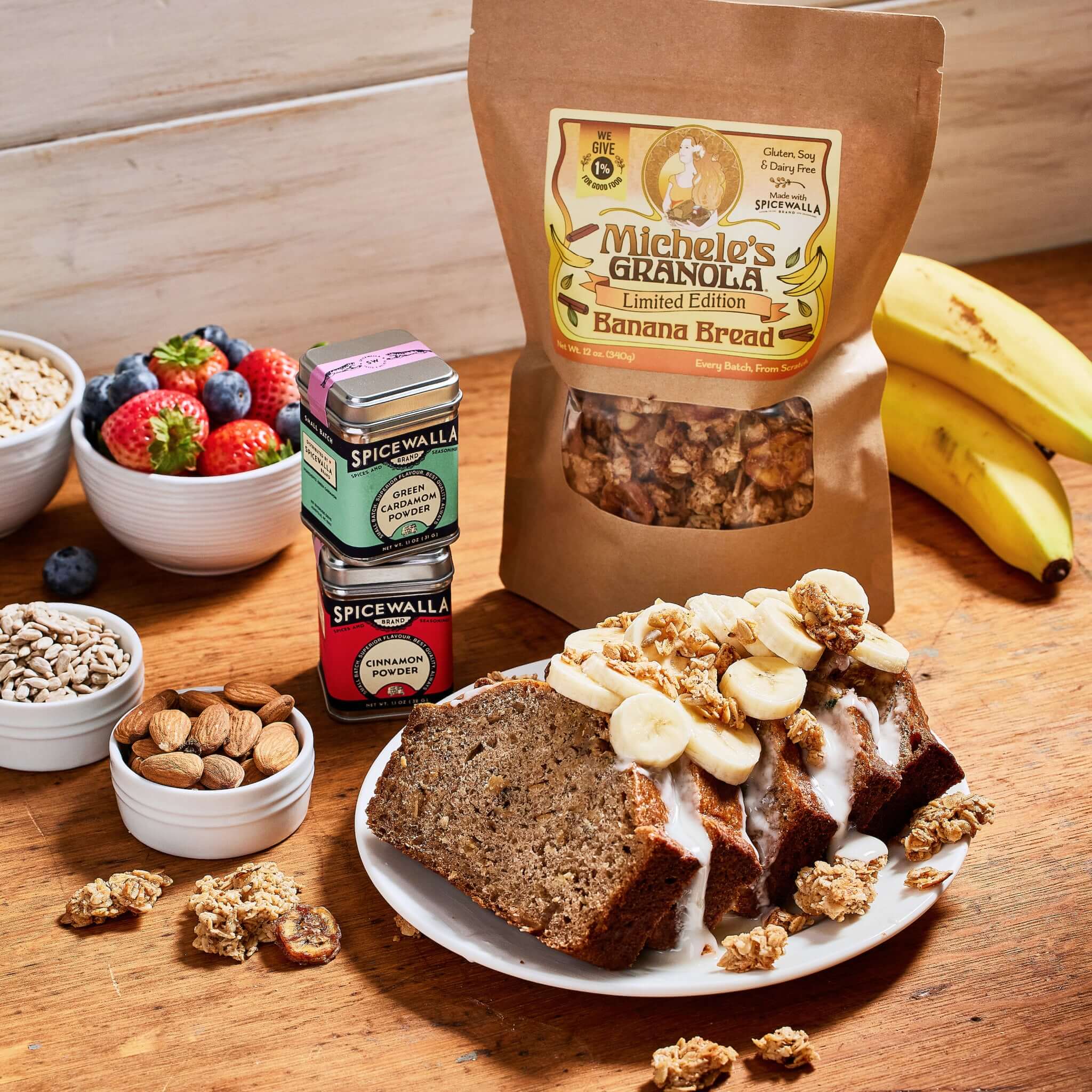 Limited Edition Banana Bread Granola, with chewy bananas, almonds and Spicewalla cardamom and cinnamon. Vegan, gluten-free