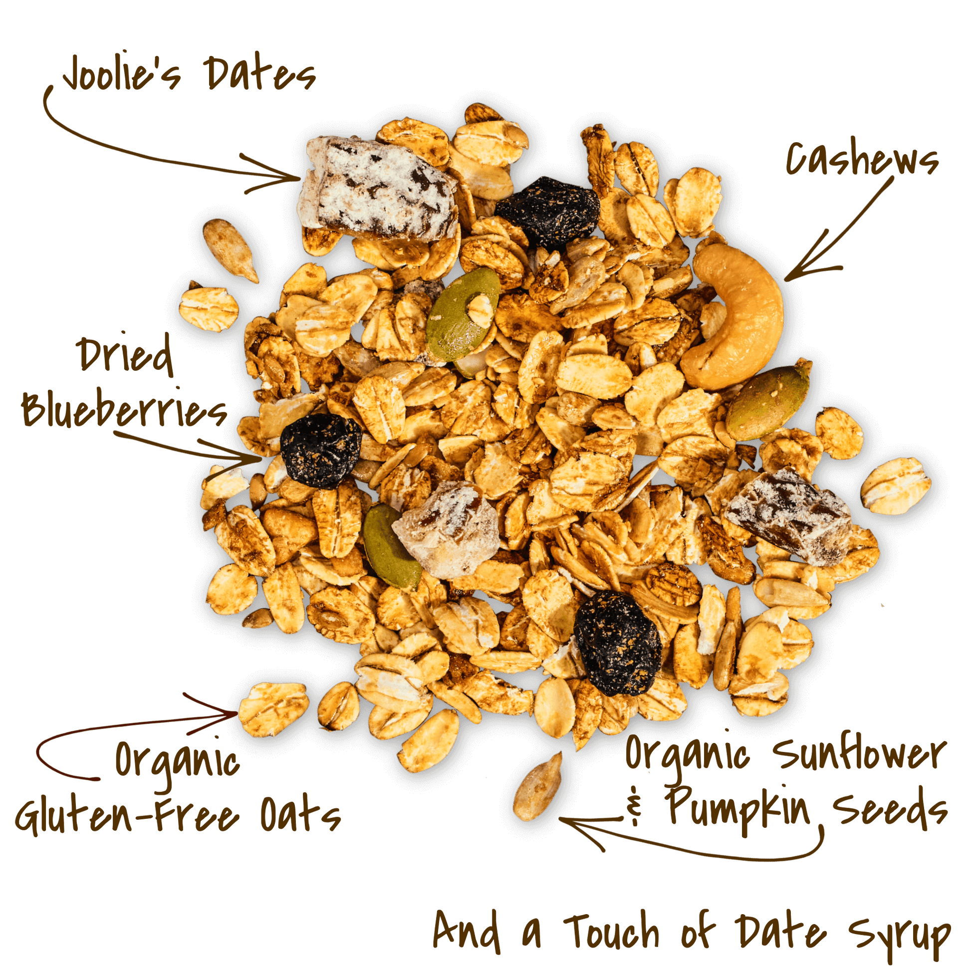 Blueberry Date Sunrise - Limited Edition Toasted Muesli featuring Joolies Dates, dried blueberries, cashews, organic seeds, organic gluten-free oats