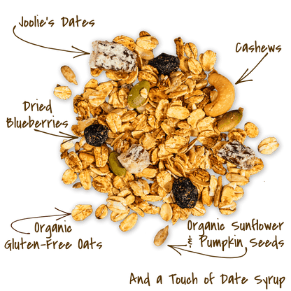 Blueberry Date Sunrise - Limited Edition Toasted Muesli featuring Joolies Dates, dried blueberries, cashews, organic seeds, organic gluten-free oats