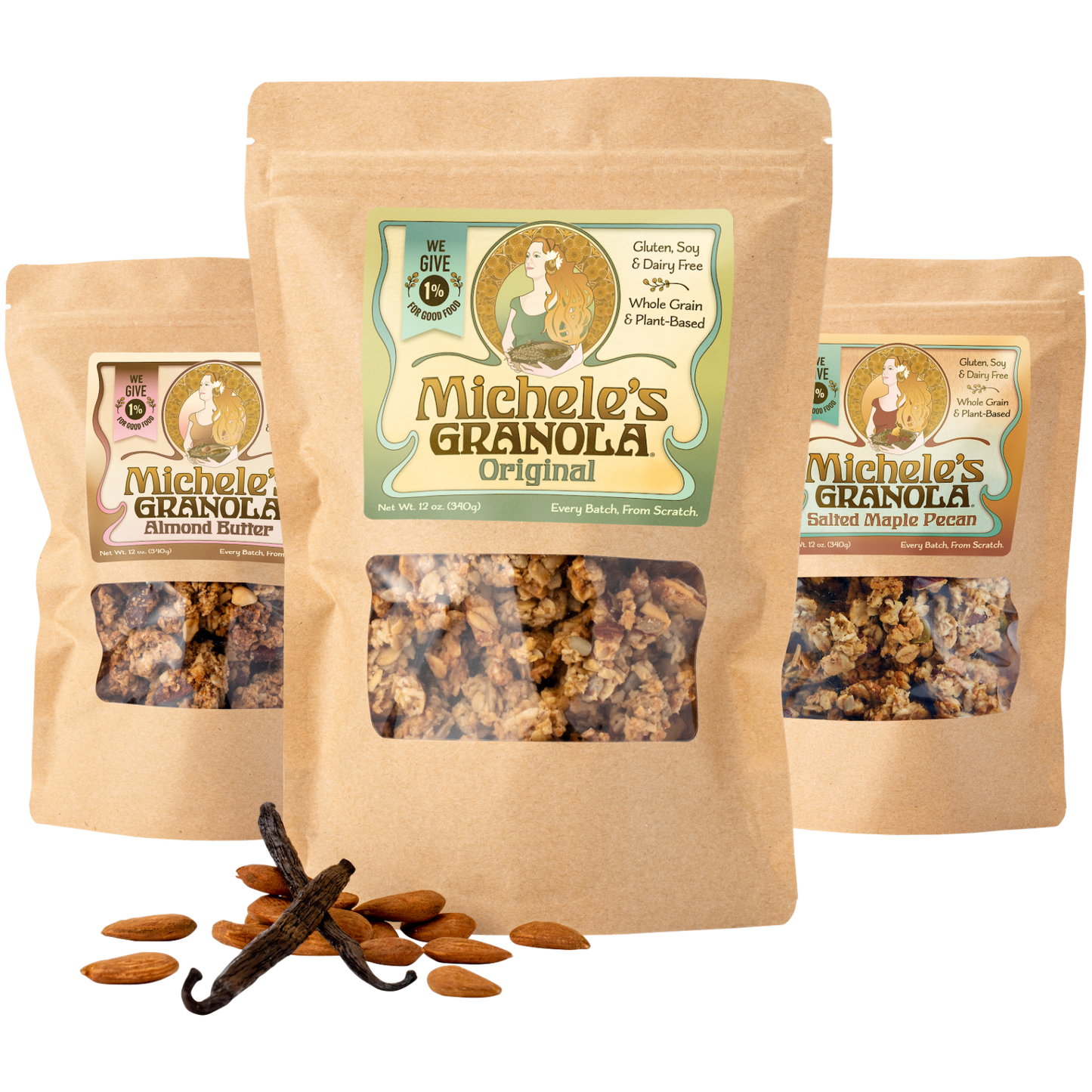 Michele's Essentials Collection, featuring best-selling Original, Almond Butter and Salted Maple Pecan Granola. All vegan, gluten-free and made with organic and natural ingredients.