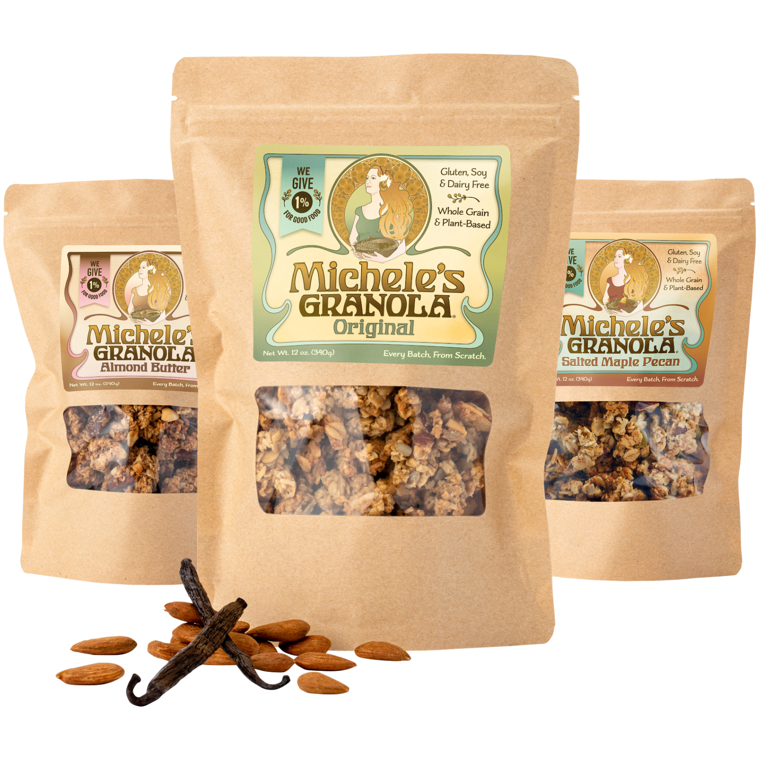 Michele's Essentials Collection, featuring best-selling Original, Almond Butter and Salted Maple Pecan Granola. All vegan, gluten-free and made with organic and natural ingredients.