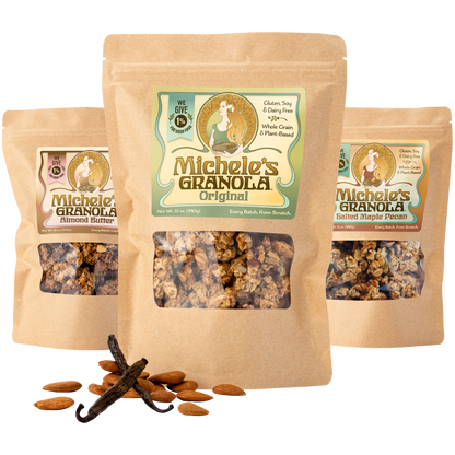 Michele's Essentials Collection, featuring best-selling Original, Almond Butter and Salted Maple Pecan Granola. All vegan, gluten-free and made with organic and natural ingredients.