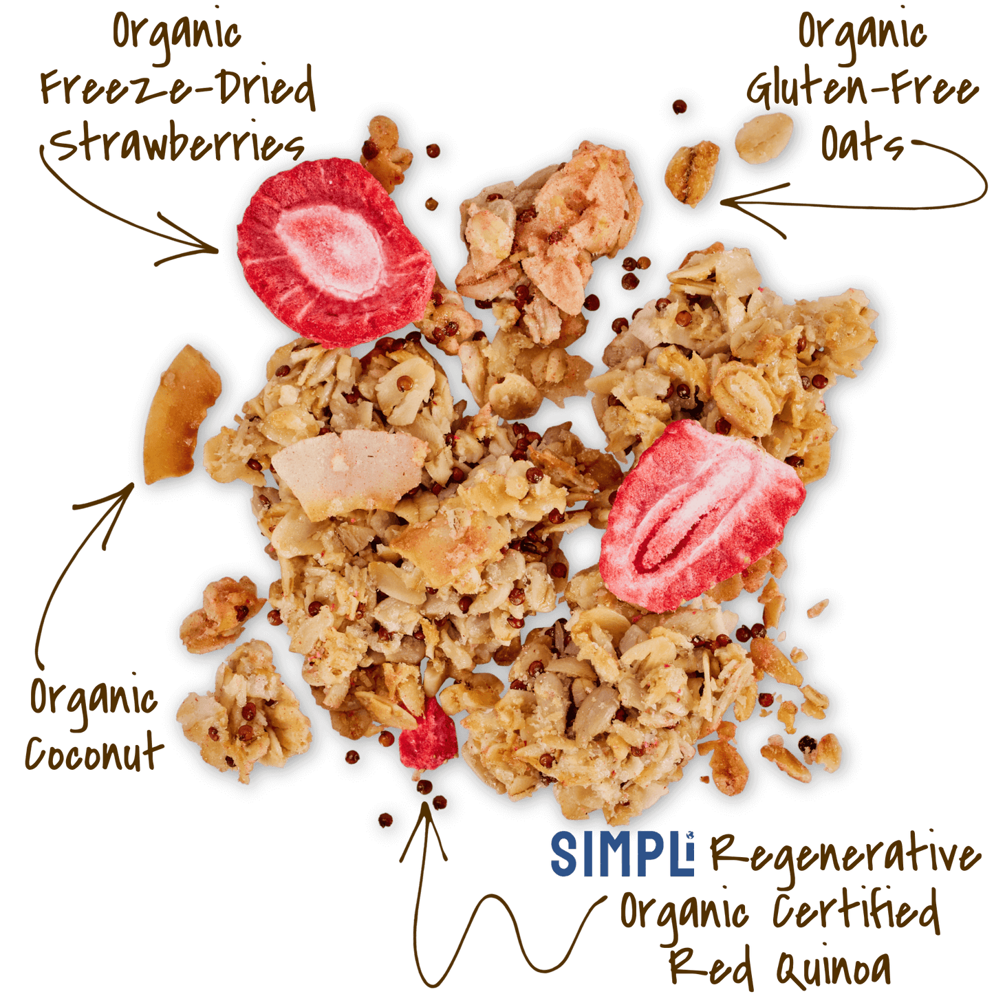 Michele's Granola Limited Edition Strawberry & Red Quinoa Granola with organid gluten-free oats, SIMPLi red quinoa, coconut, sunflower seeds, sunflower seeds and organic freeze-dried strawberries