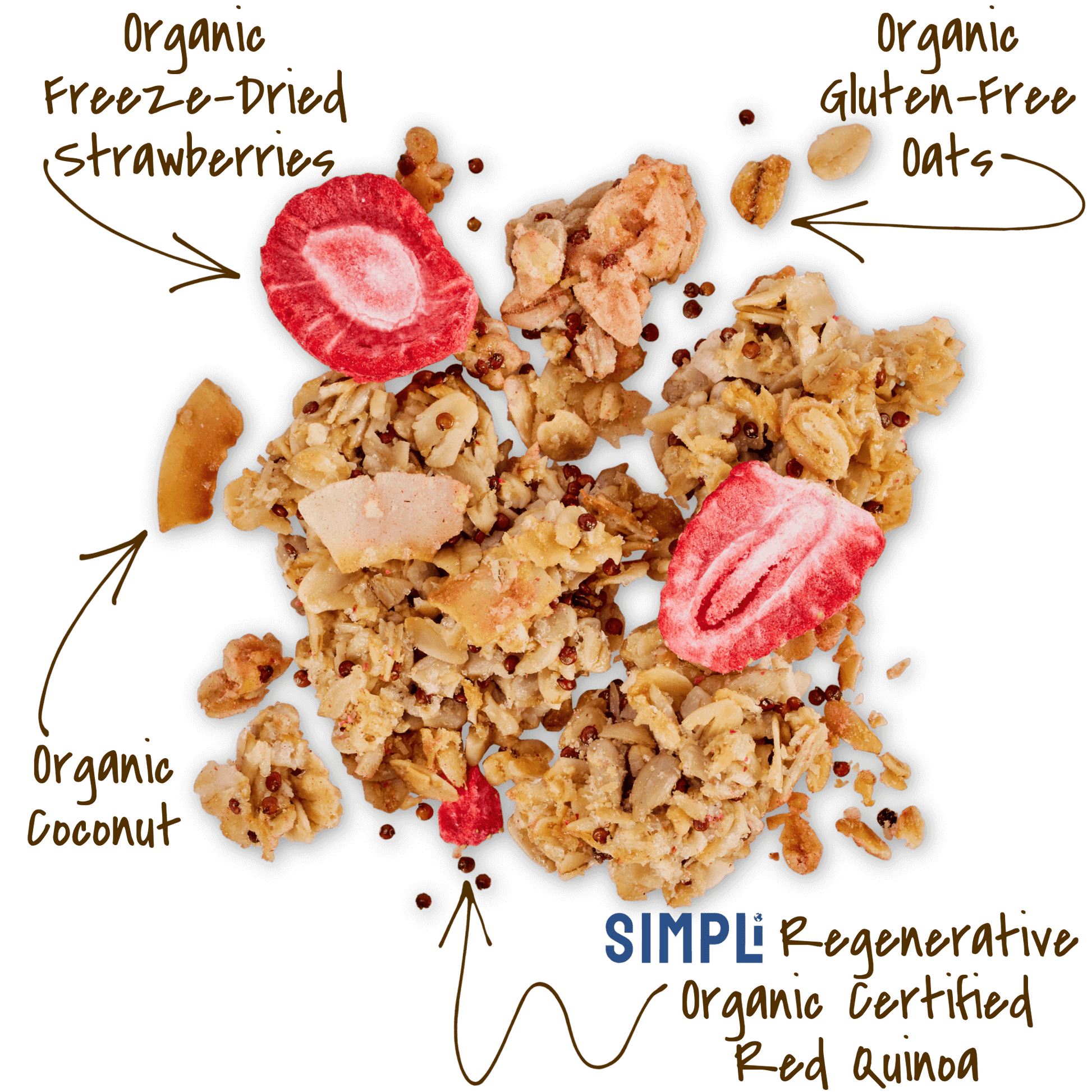 Michele's Granola Limited Edition Strawberry & Red Quinoa Granola with organid gluten-free oats, SIMPLi red quinoa, coconut, sunflower seeds, sunflower seeds and organic freeze-dried strawberries