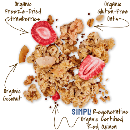 Michele's Granola Limited Edition Strawberry & Red Quinoa Granola with organid gluten-free oats, SIMPLi red quinoa, coconut, sunflower seeds, sunflower seeds and organic freeze-dried strawberries