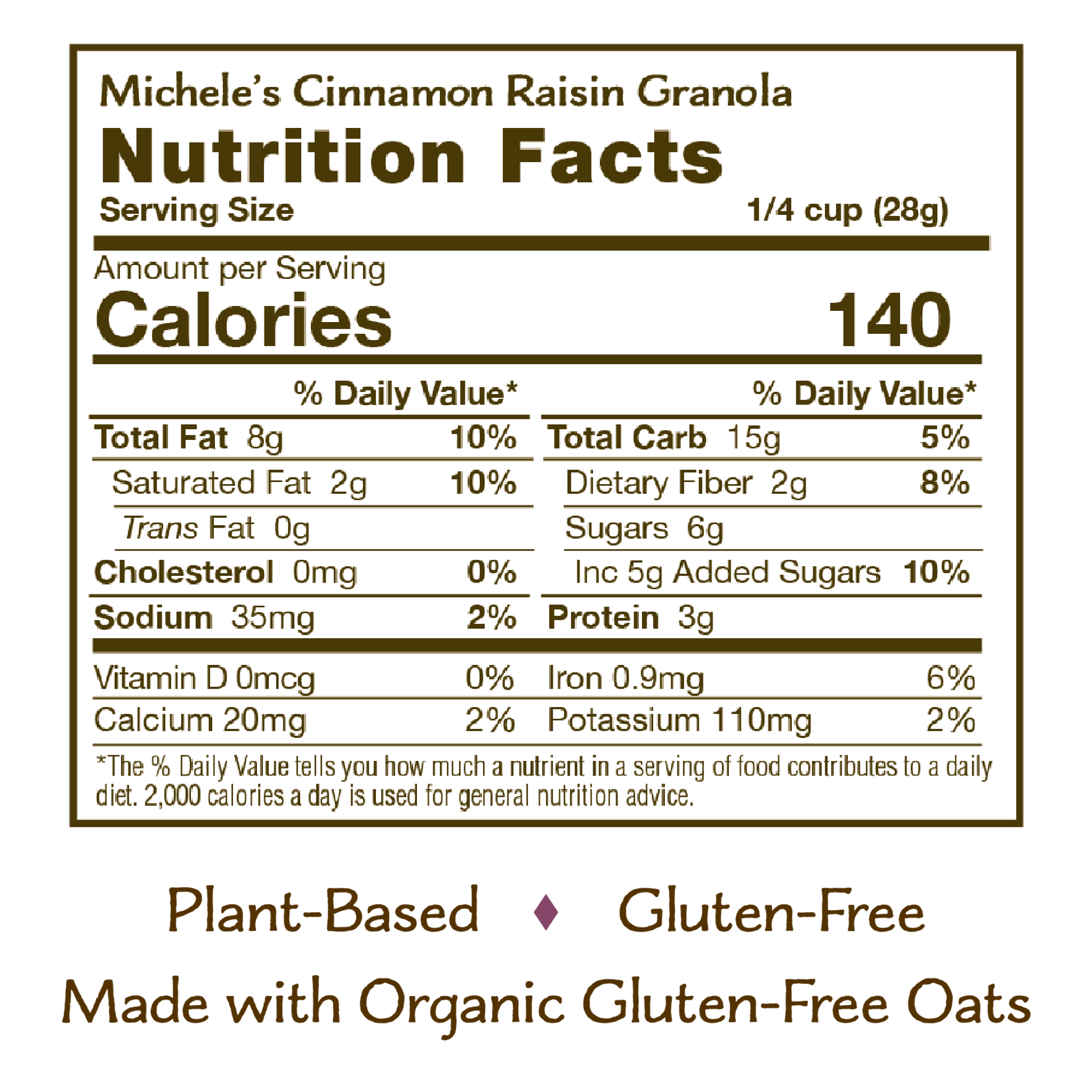 Nutrition panel for Cinnamon Raisin Granola