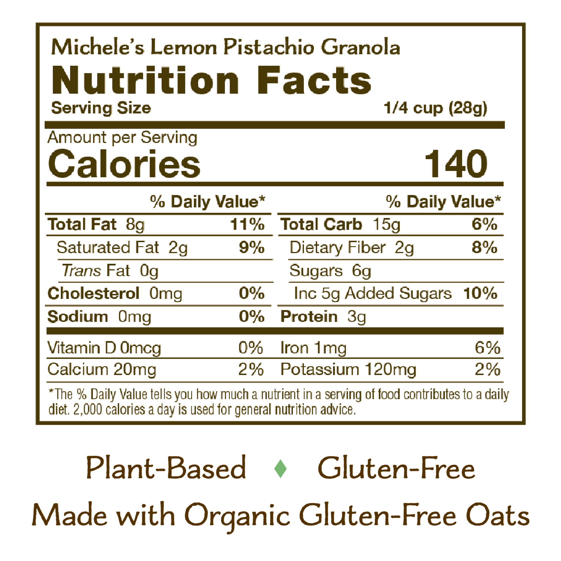 Nutrition panel for Lemon Pistachio Granola