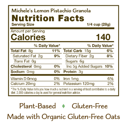 Nutrition panel for Lemon Pistachio Granola